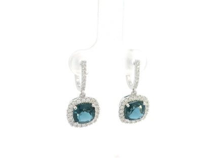 London Blue Topaz and Diamond Halo Drop Earrings in 18K White Gold with 3.28 Carat Cushion Cut London Blue Topaz