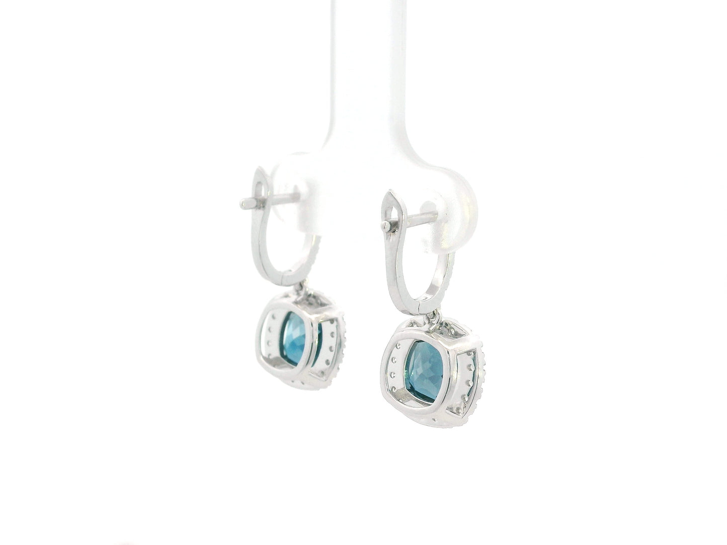 London Blue Topaz and Diamond Halo Drop Earrings in 18K White Gold with 3.28 Carat Cushion Cut London Blue Topaz