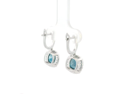 London Blue Topaz and Diamond Halo Drop Earrings in 18K White Gold with 3.28 Carat Cushion Cut London Blue Topaz
