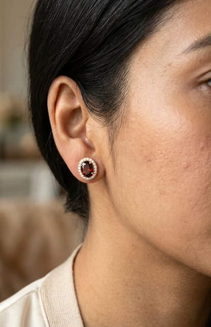 Oval Garnet and Diamond Halo Stud Earrings in 18K Rose Gold with 4.39 Carat Natural Garnets