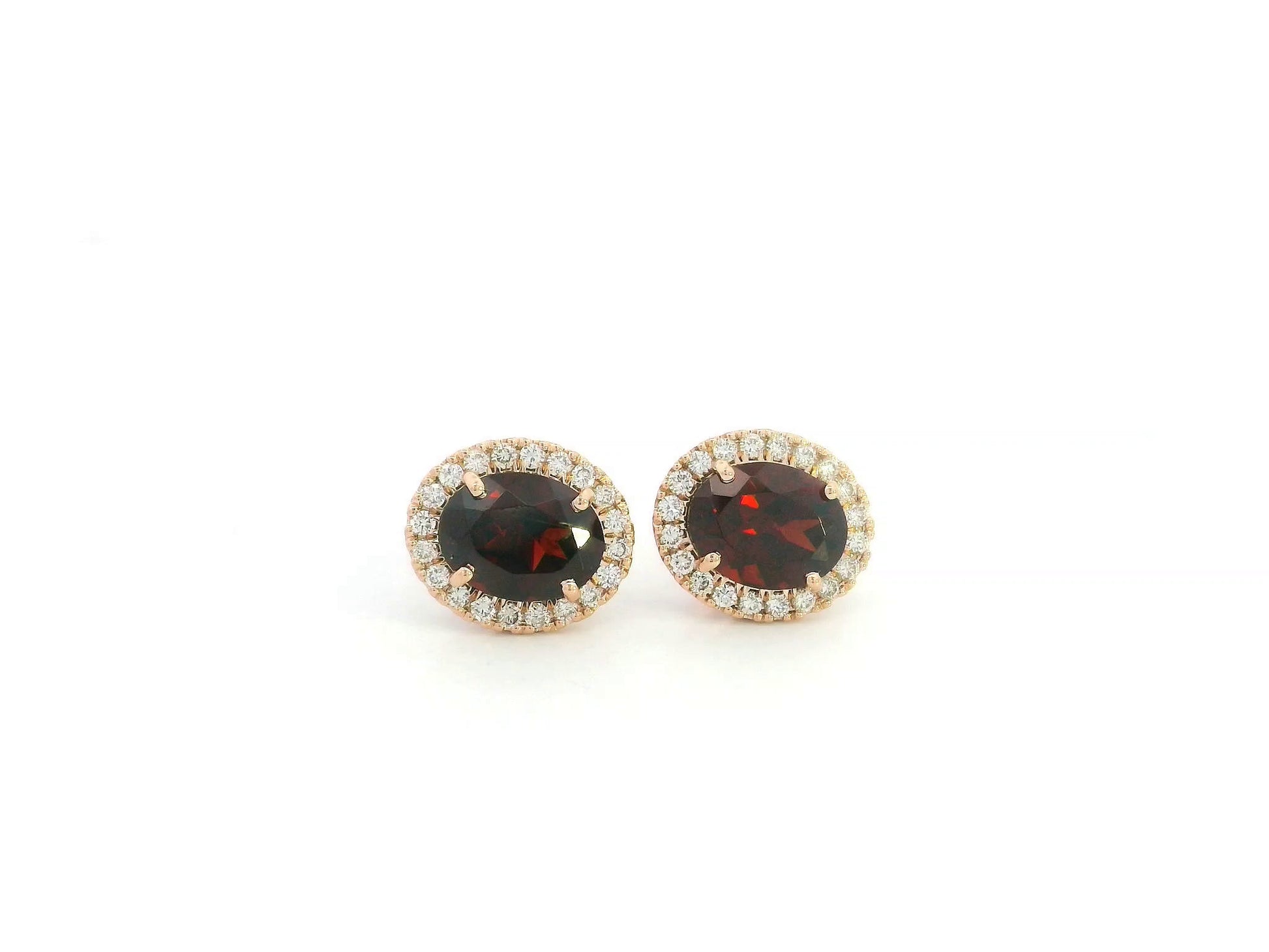 Oval Garnet and Diamond Halo Stud Earrings in 18K Rose Gold with 4.39 Carat Natural Garnets