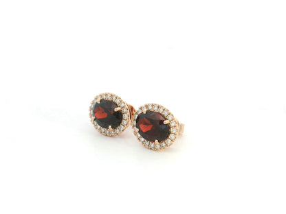 Oval Garnet and Diamond Halo Stud Earrings in 18K Rose Gold with 4.39 Carat Natural Garnets