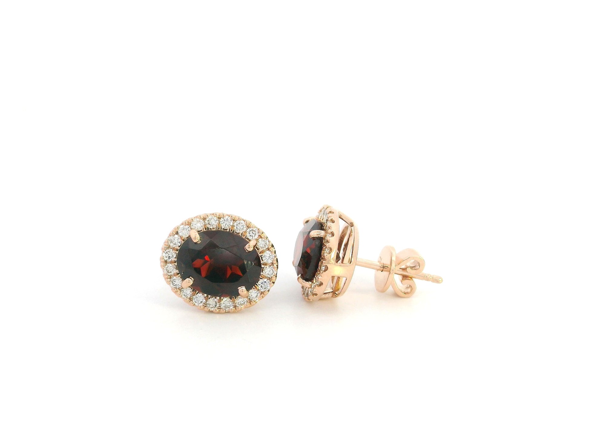 Oval Garnet and Diamond Halo Stud Earrings in 18K Rose Gold with 4.39 Carat Natural Garnets