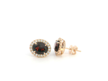 Oval Garnet and Diamond Halo Stud Earrings in 18K Rose Gold with 4.39 Carat Natural Garnets