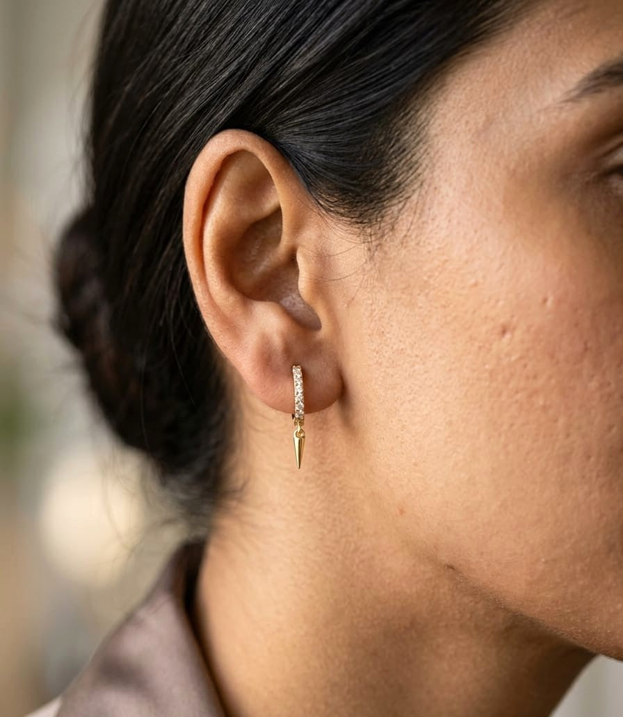18K yellow gold diamond hoop earrings with spike drop charms, 0.22 carat natural diamonds.
