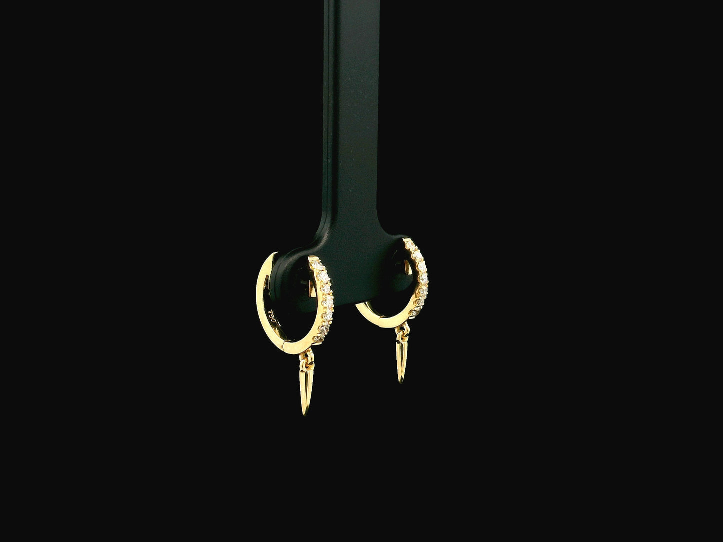 18K yellow gold diamond hoop earrings with spike drop charms, 0.22 carat natural diamonds.