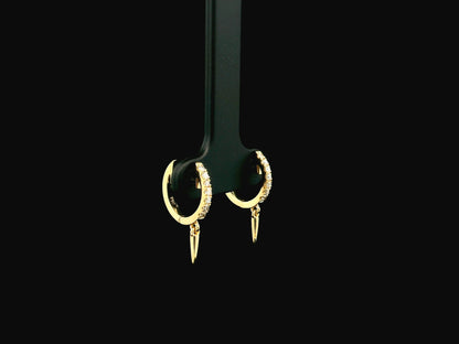 18K yellow gold diamond hoop earrings with spike drop charms, 0.22 carat natural diamonds.