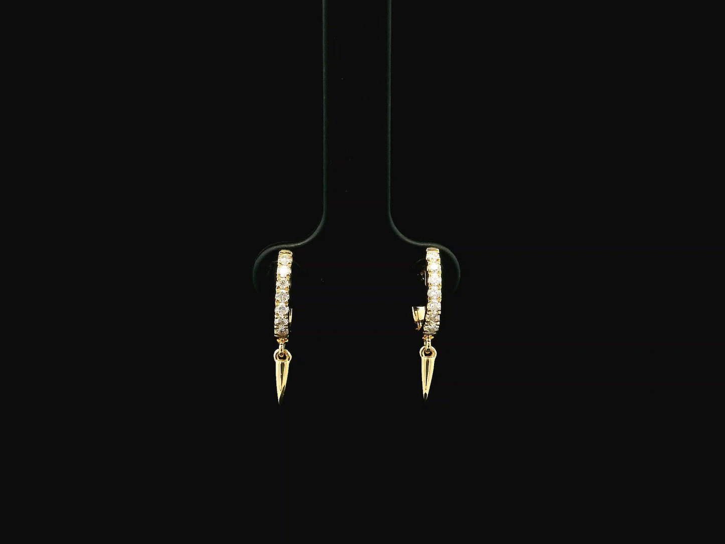 18K yellow gold diamond hoop earrings with spike drop charms, 0.22 carat natural diamonds.