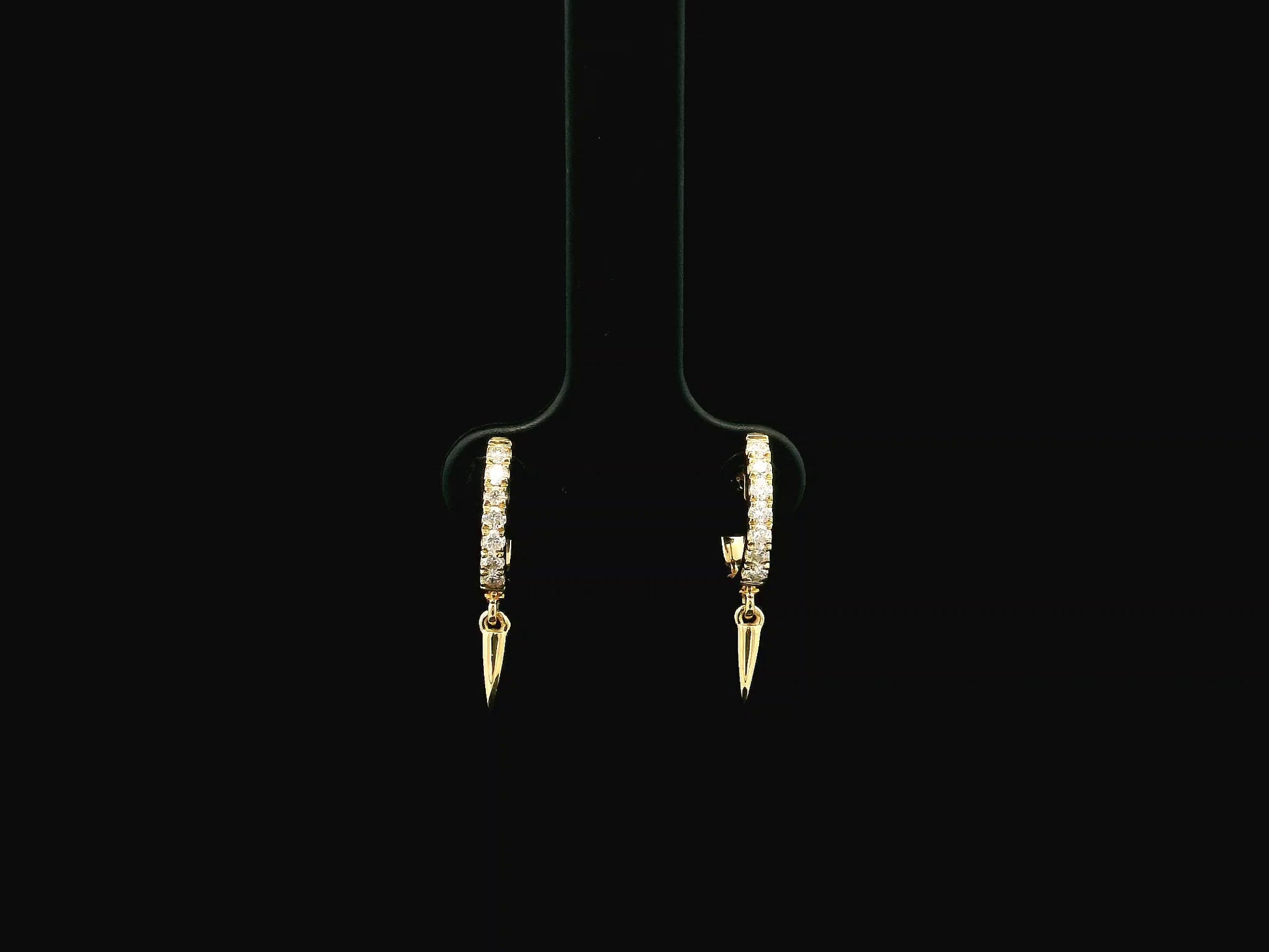18K yellow gold diamond hoop earrings with spike drop charms, 0.22 carat natural diamonds.