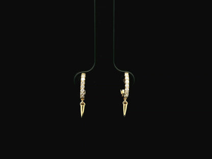 18K yellow gold diamond hoop earrings with spike drop charms, 0.22 carat natural diamonds.