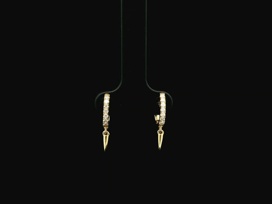 18K yellow gold diamond hoop earrings with spike drop charms, 0.22 carat natural diamonds.