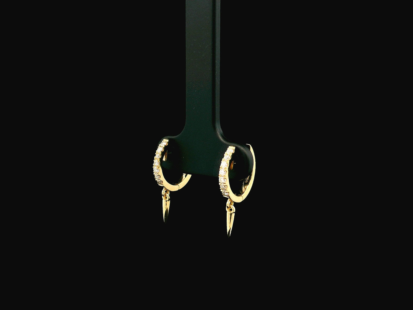 18K yellow gold diamond hoop earrings with spike drop charms, 0.22 carat natural diamonds.