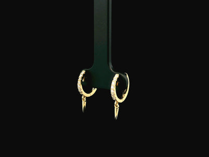 18K yellow gold diamond hoop earrings with spike drop charms, 0.22 carat natural diamonds.
