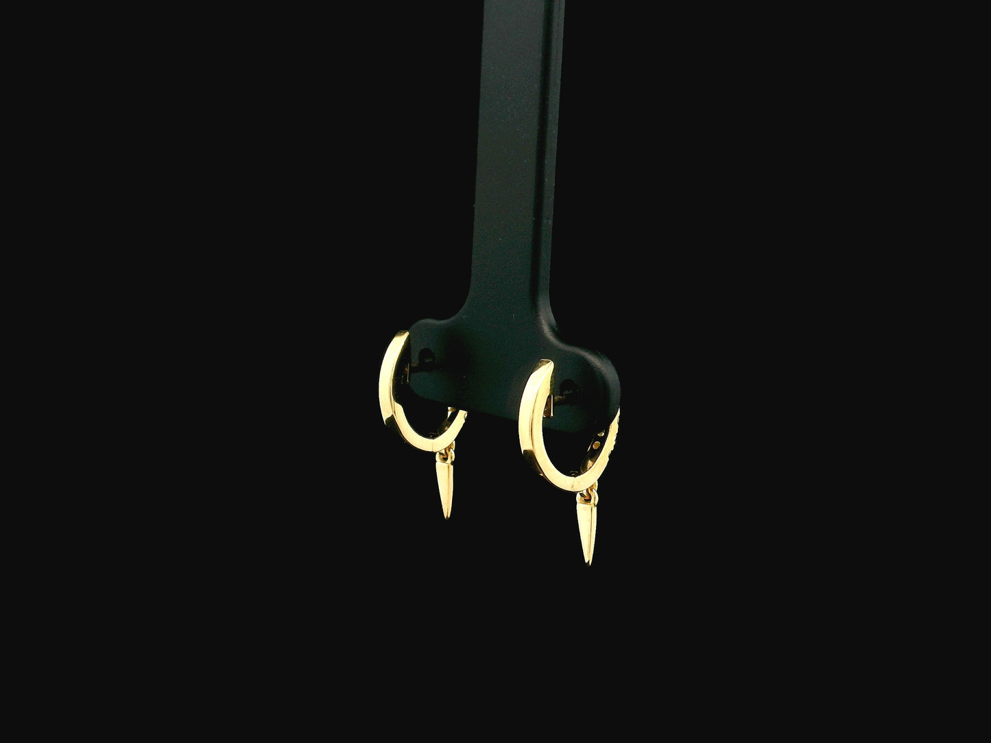 18K yellow gold diamond hoop earrings with spike drop charms, 0.22 carat natural diamonds.