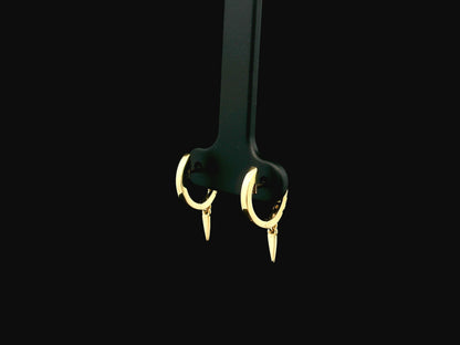 18K yellow gold diamond hoop earrings with spike drop charms, 0.22 carat natural diamonds.