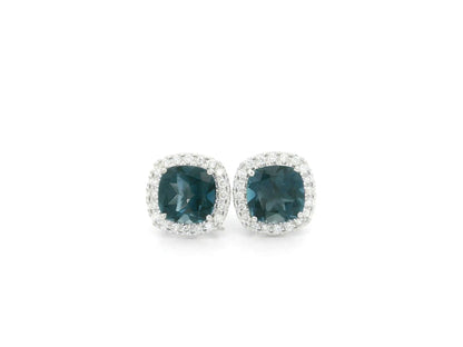 London Blue Topaz halo stud earrings in 18K white gold with natural diamond halo surround