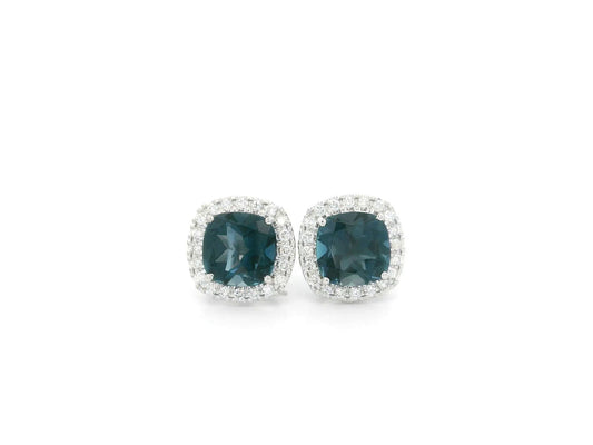 London Blue Topaz halo stud earrings in 18K white gold with natural diamond halo surround