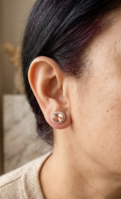 18K rose gold oval morganite halo stud earrings featuring 3.43 carats of natural morganite surrounded by 0.35 carat natural diamonds