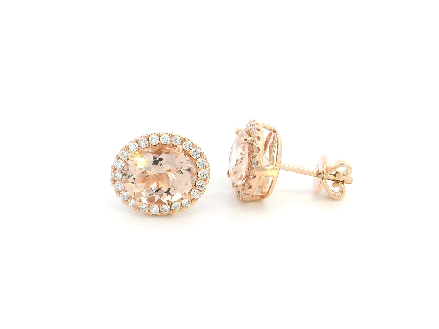 18K rose gold oval morganite halo stud earrings featuring 3.43 carats of natural morganite surrounded by 0.35 carat natural diamonds