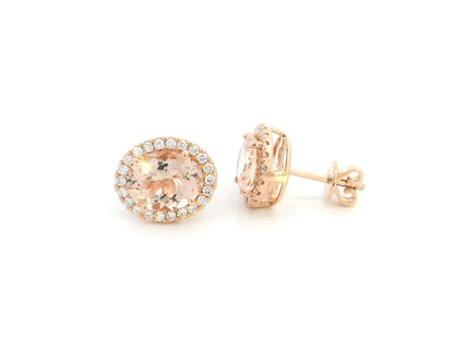 18K rose gold oval morganite halo stud earrings featuring 3.43 carats of natural morganite surrounded by 0.35 carat natural diamonds