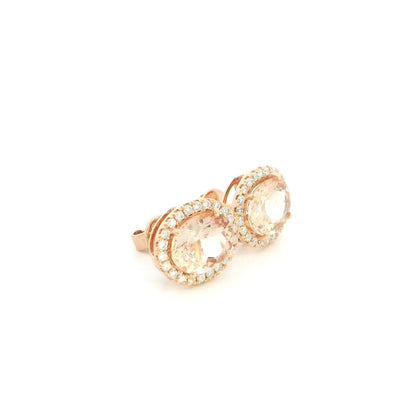 18K rose gold oval morganite halo stud earrings featuring 3.43 carats of natural morganite surrounded by 0.35 carat natural diamonds