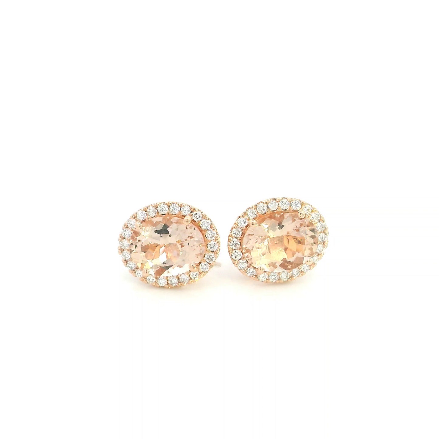 18K rose gold oval morganite halo stud earrings featuring 3.43 carats of natural morganite surrounded by 0.35 carat natural diamonds