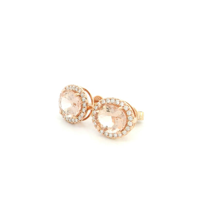 18K rose gold oval morganite halo stud earrings featuring 3.43 carats of natural morganite surrounded by 0.35 carat natural diamonds
