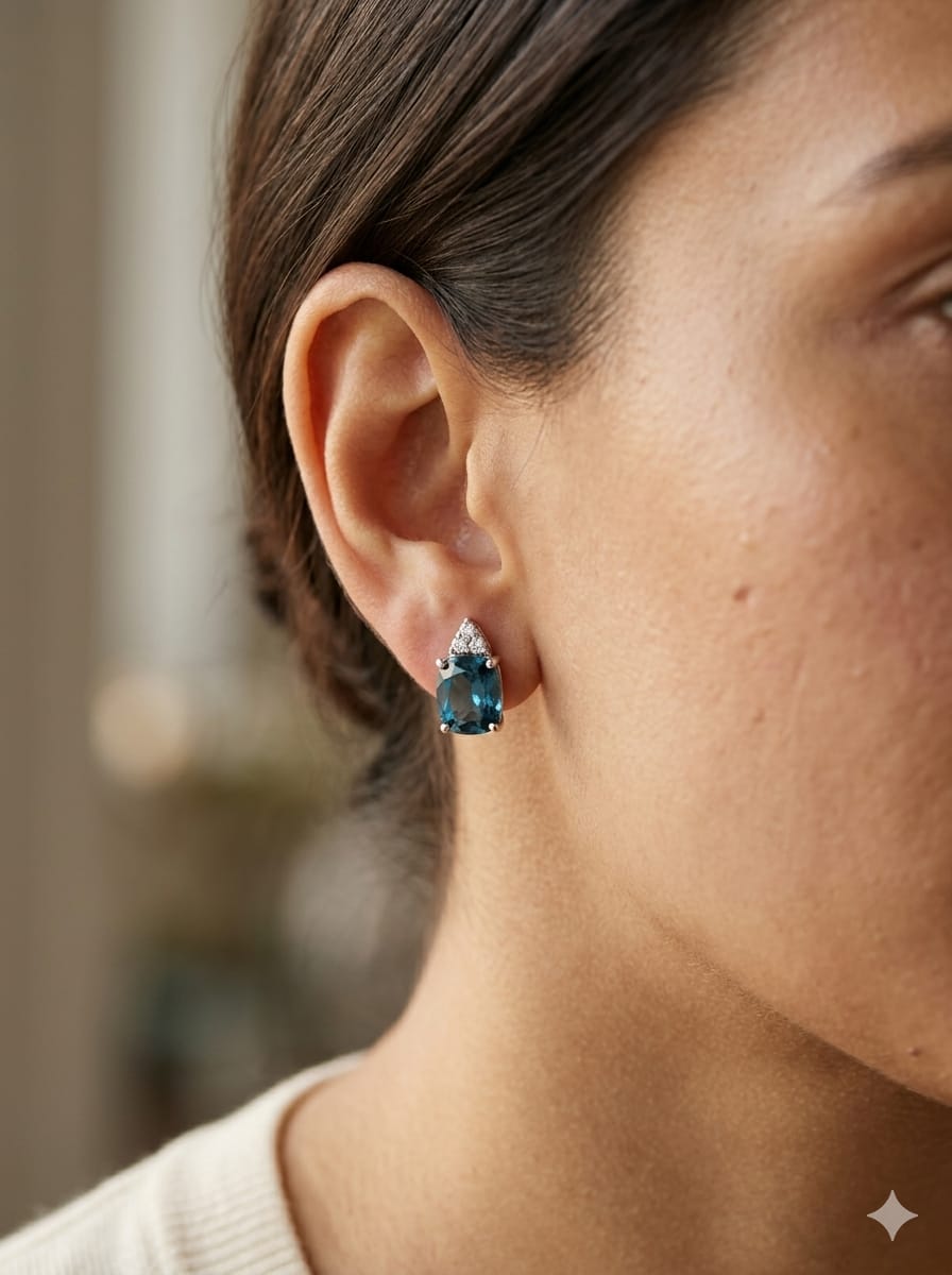 18K white gold London Blue Topaz stud earrings featuring 2.94 carats of cushion cut London Blue Topaz with diamond accents