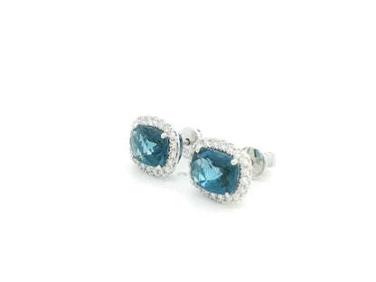 18K White Gold London Blue Topaz Diamond Halo Stud Earrings featuring 3.54 carats of natural London Blue Topaz and 0.40 carats of natural diamonds.
