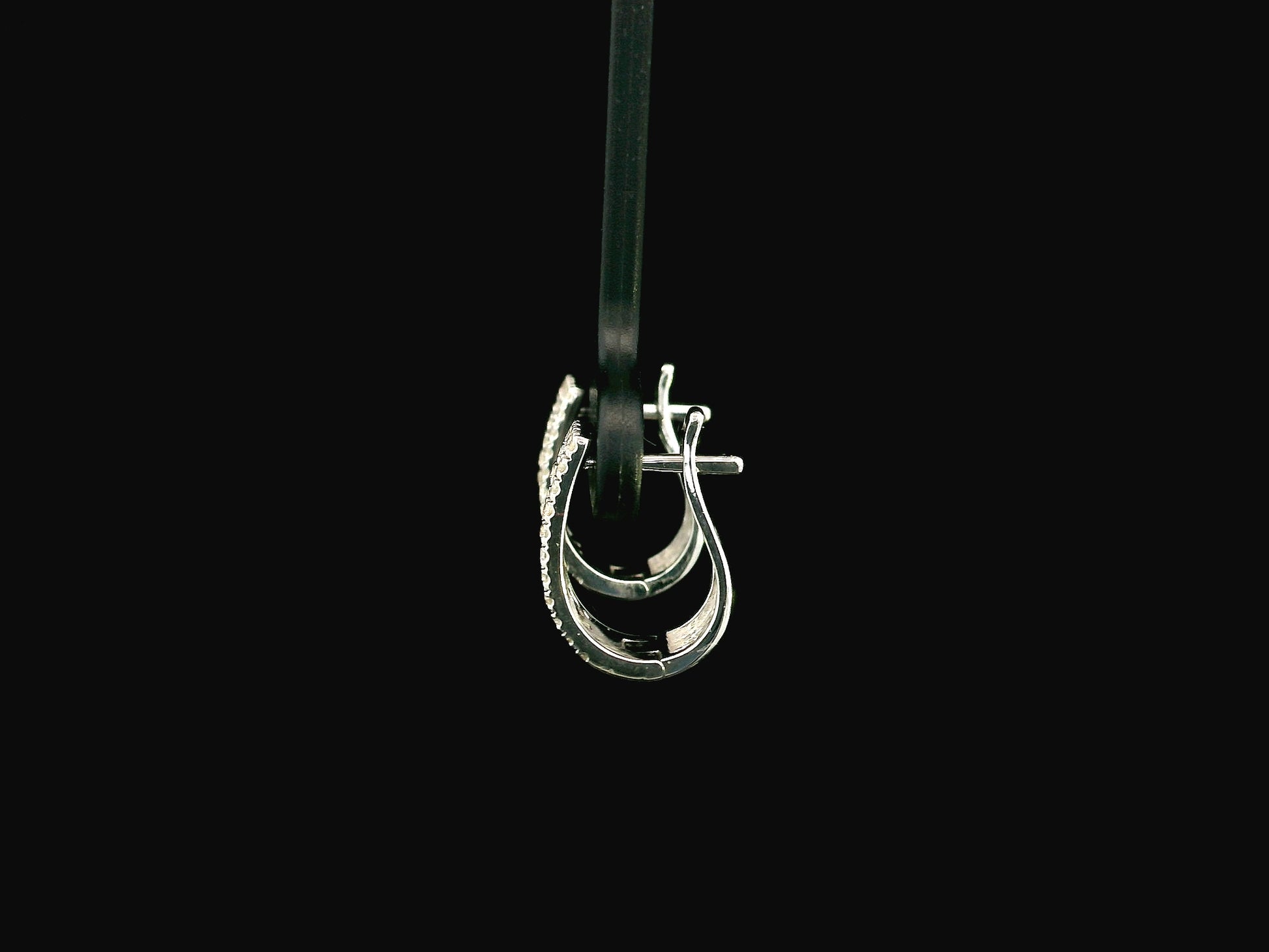 18K white gold diamond hoop earrings featuring 0.30 carat natural diamonds in a modern rectangular hoop design with hinged closures.