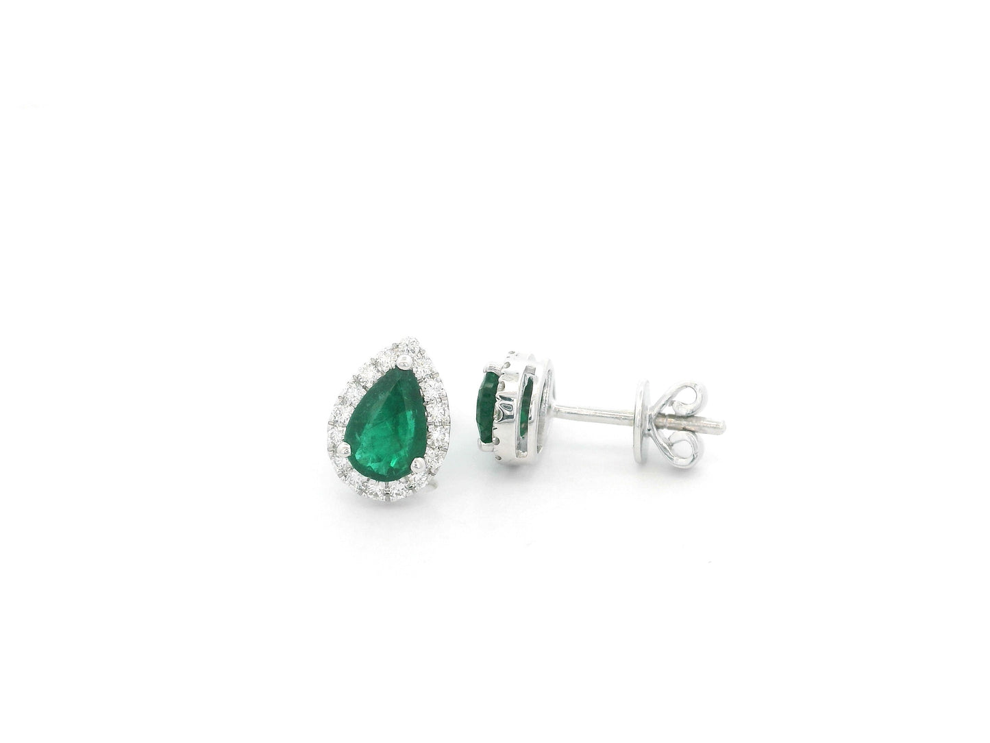 Emerald Halo Stud Earrings in 18K White Gold with Diamonds