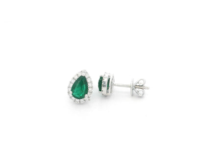 Emerald Halo Stud Earrings in 18K White Gold with Diamonds