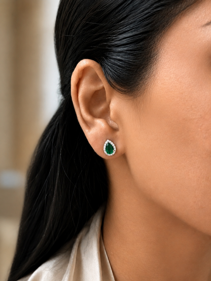 Emerald Halo Stud Earrings in 18K White Gold with Diamonds
