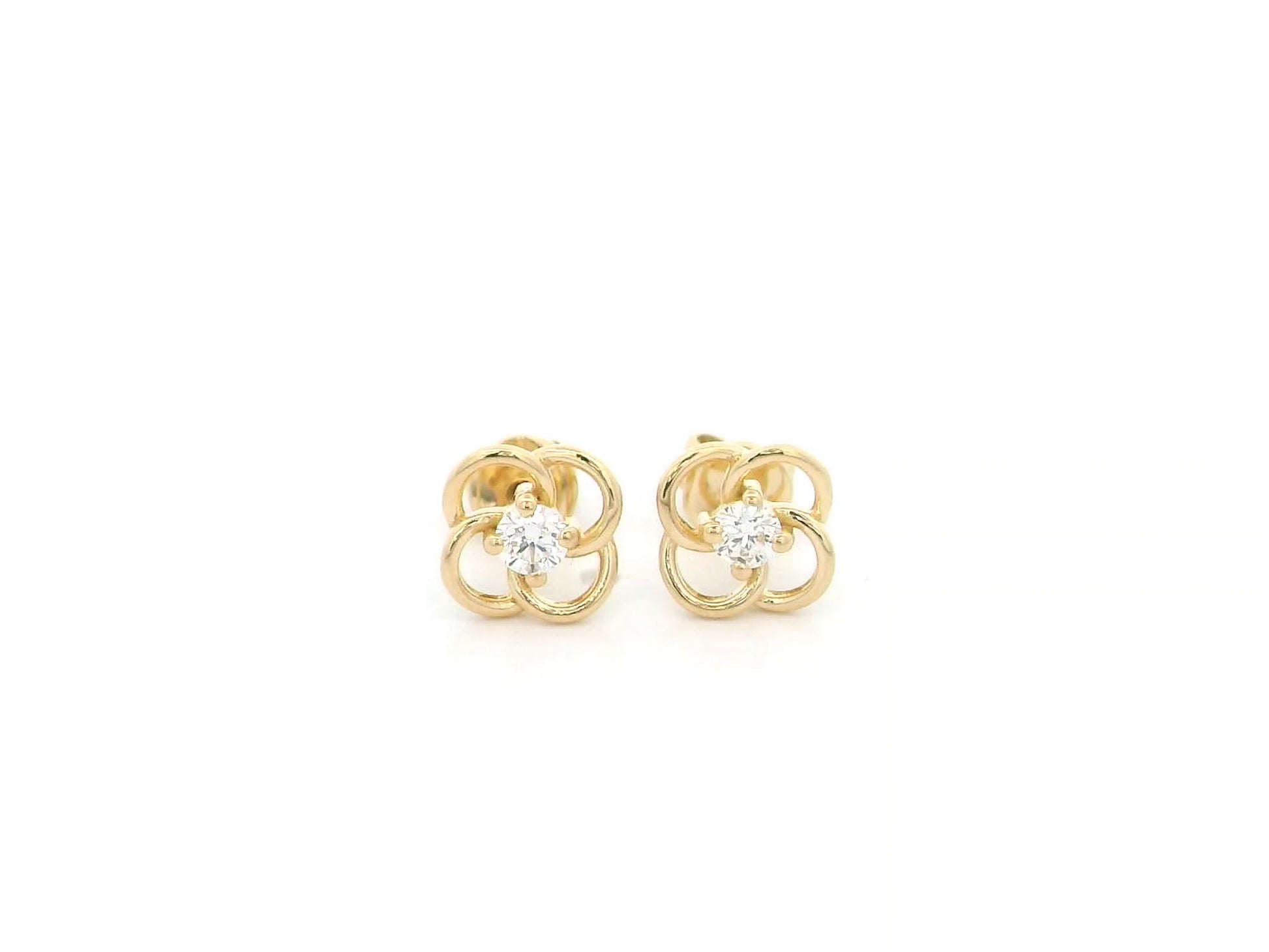 18K yellow gold diamond flower stud earrings featuring an open floral design with 0.19 carats of natural round brilliant diamonds and secure butterfly backs.