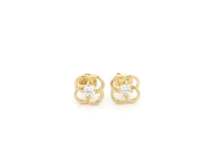 18K yellow gold diamond flower stud earrings featuring an open floral design with 0.19 carats of natural round brilliant diamonds and secure butterfly backs.