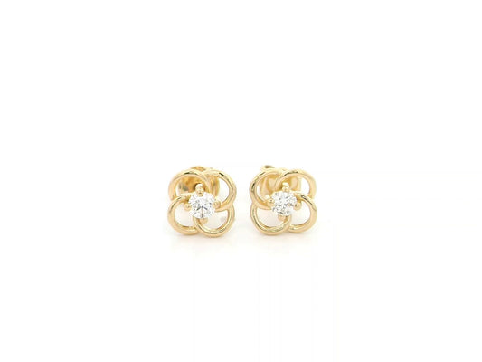 18K yellow gold diamond flower stud earrings featuring an open floral design with 0.19 carats of natural round brilliant diamonds and secure butterfly backs.