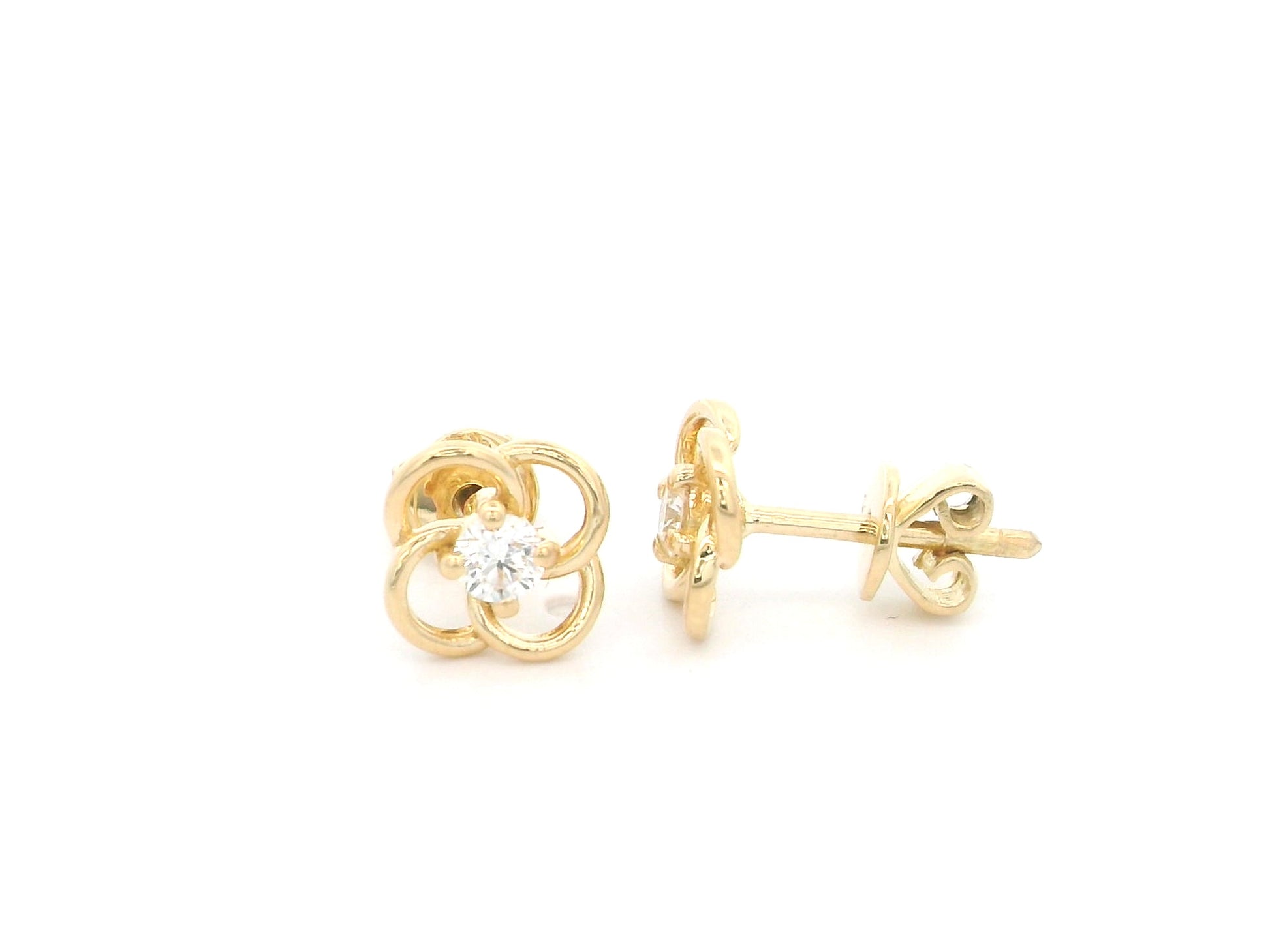 18K yellow gold diamond flower stud earrings featuring an open floral design with 0.19 carats of natural round brilliant diamonds and secure butterfly backs.
