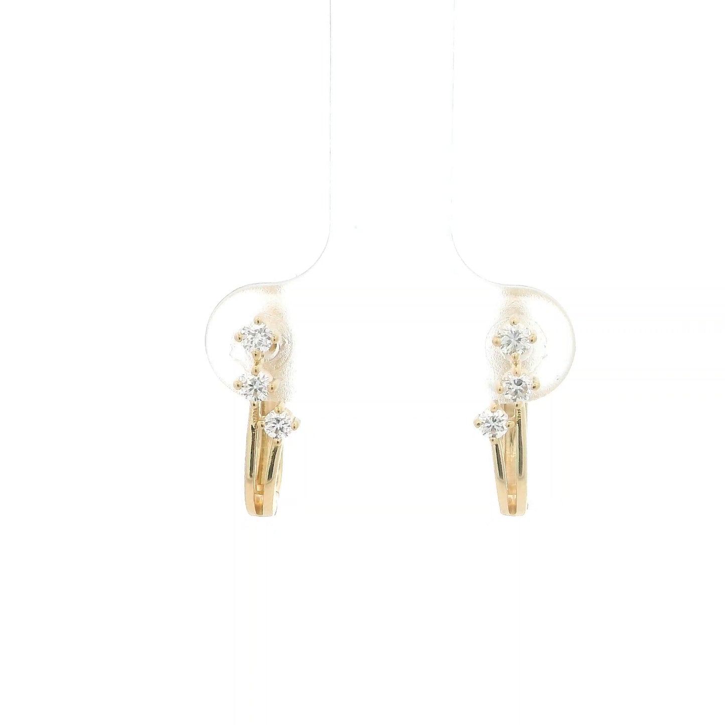 18K Yellow Gold Diamond Hoop Earrings featuring three natural diamonds on each hoop with a modern double-row huggie design.