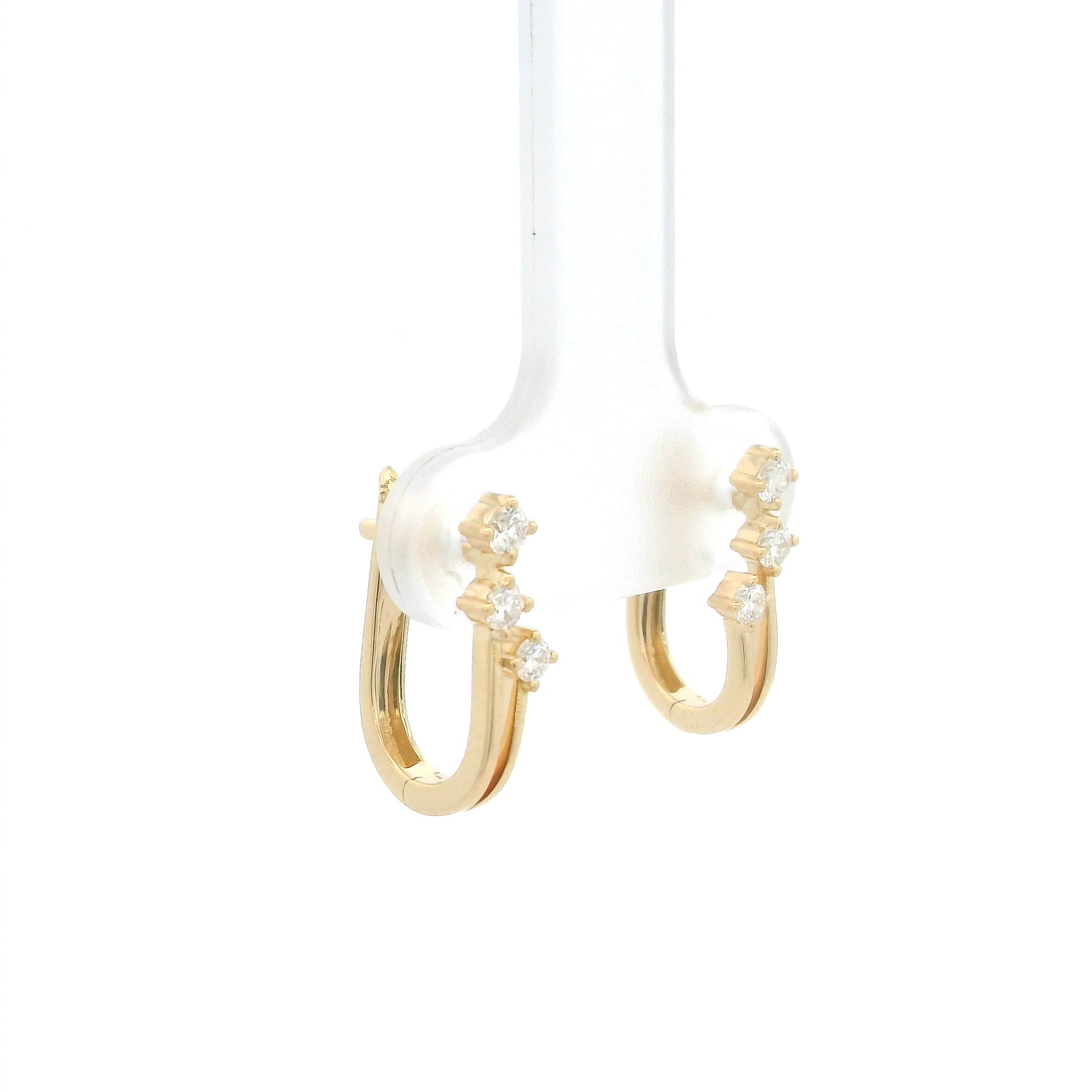 18K Yellow Gold Diamond Hoop Earrings featuring three natural diamonds on each hoop with a modern double-row huggie design.