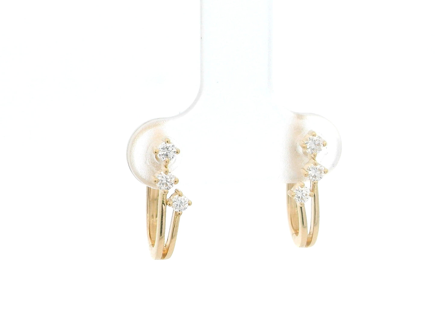 18K Yellow Gold Diamond Hoop Earrings featuring three natural diamonds on each hoop with a modern double-row huggie design.