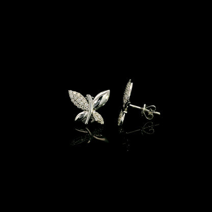 18K white gold butterfly stud earrings featuring 0.24 carat natural round brilliant diamonds with polished white gold wings.