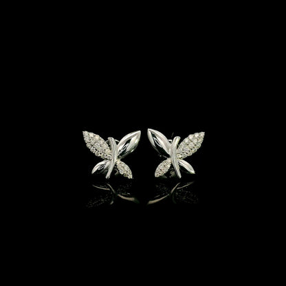 18K white gold butterfly stud earrings featuring 0.24 carat natural round brilliant diamonds with polished white gold wings.