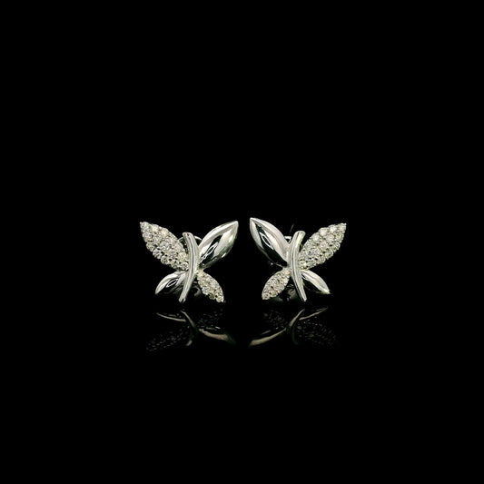 18K white gold butterfly stud earrings featuring 0.24 carat natural round brilliant diamonds with polished white gold wings.