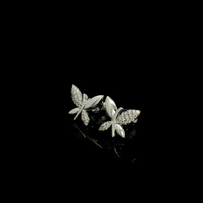 18K white gold butterfly stud earrings featuring 0.24 carat natural round brilliant diamonds with polished white gold wings.