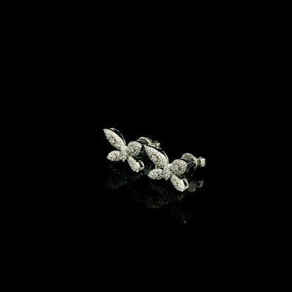 18K white gold butterfly stud earrings featuring 0.45 carat natural round brilliant diamonds in a pavé setting with secure butterfly backs.