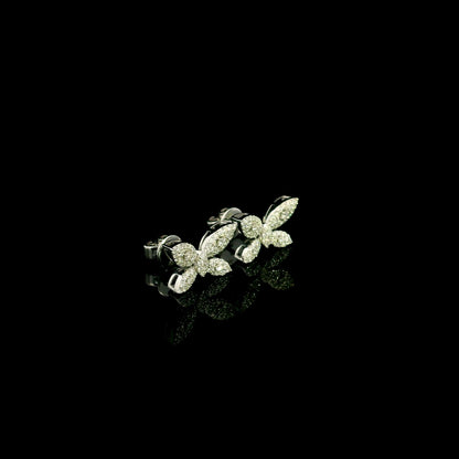 18K white gold butterfly stud earrings featuring 0.45 carat natural round brilliant diamonds in a pavé setting with secure butterfly backs.