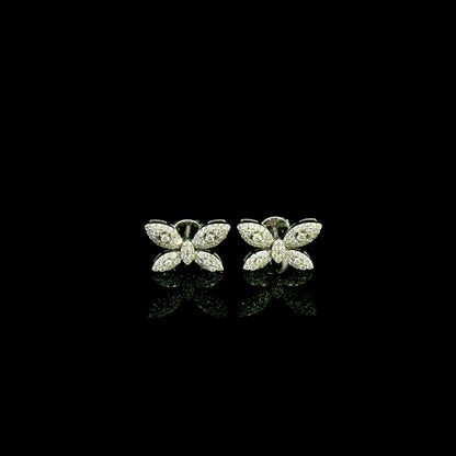 18K white gold butterfly stud earrings featuring 0.45 carat natural round brilliant diamonds in a pavé setting with secure butterfly backs.