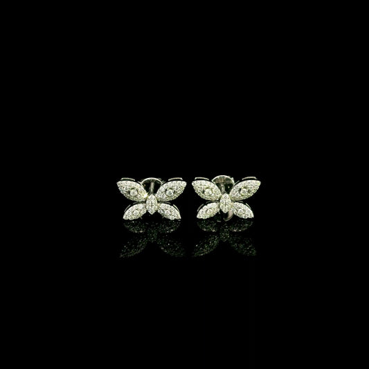 18K white gold butterfly stud earrings featuring 0.45 carat natural round brilliant diamonds in a pavé setting with secure butterfly backs.
