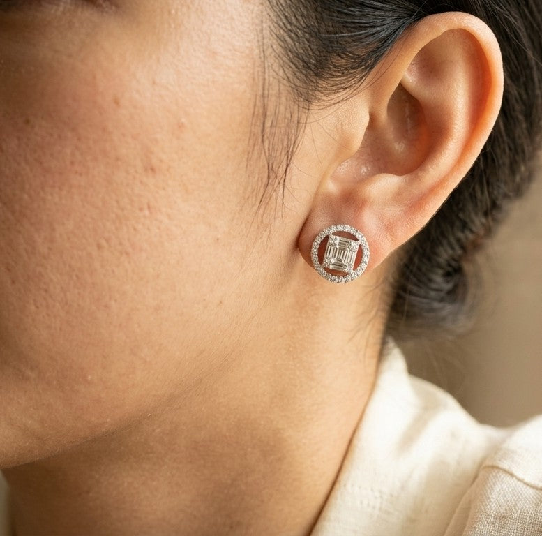 Diamond Stud Earrings | Baguette & Round Diamond Halo Earrings