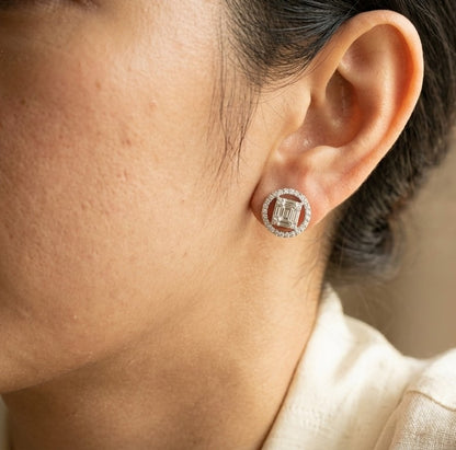 Diamond Stud Earrings | Baguette & Round Diamond Halo Earrings